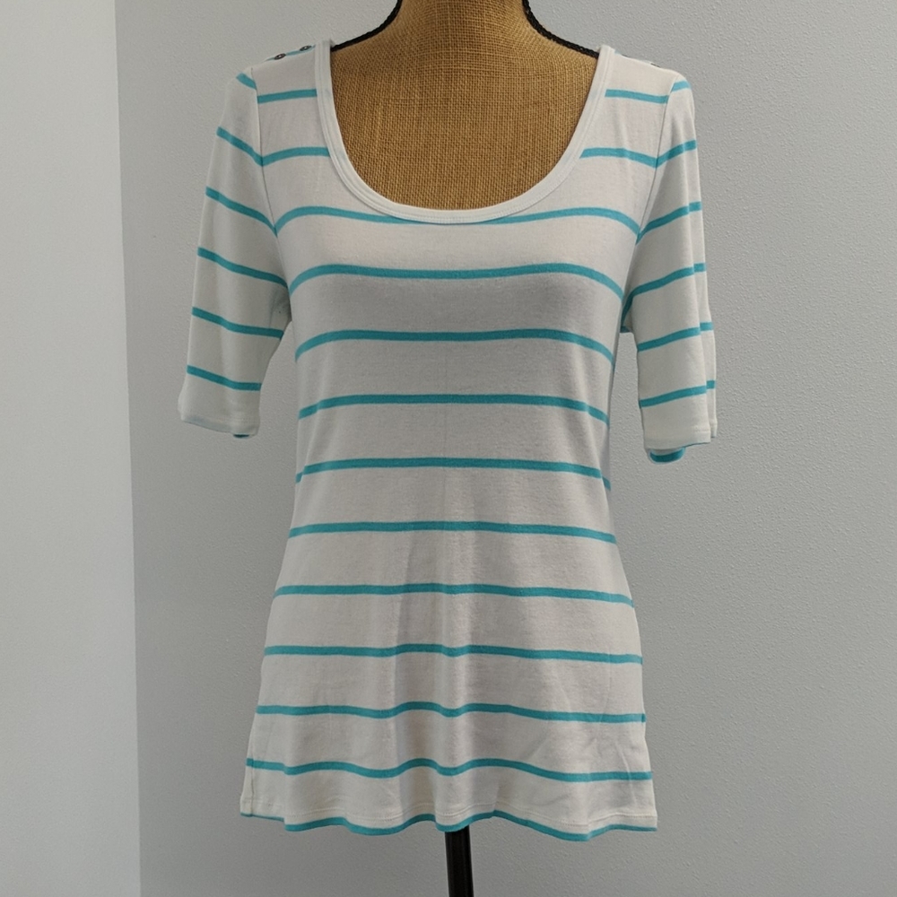 Teal Striped White 3/4 sleeve Shirt